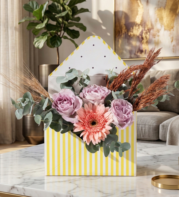 Sarı Çizgili Zarfta Pembe Gerbera ve Lila Güller